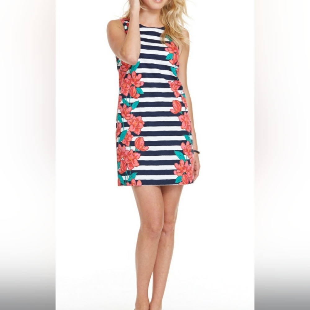 Vineyard Vines Navy & White Striped Dress with Coral Floral Print